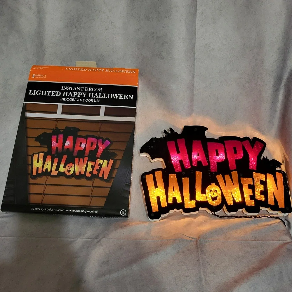 Lighted Happy Halloween Sign Window Silhouette Decoration Indoor Outdoor Prop